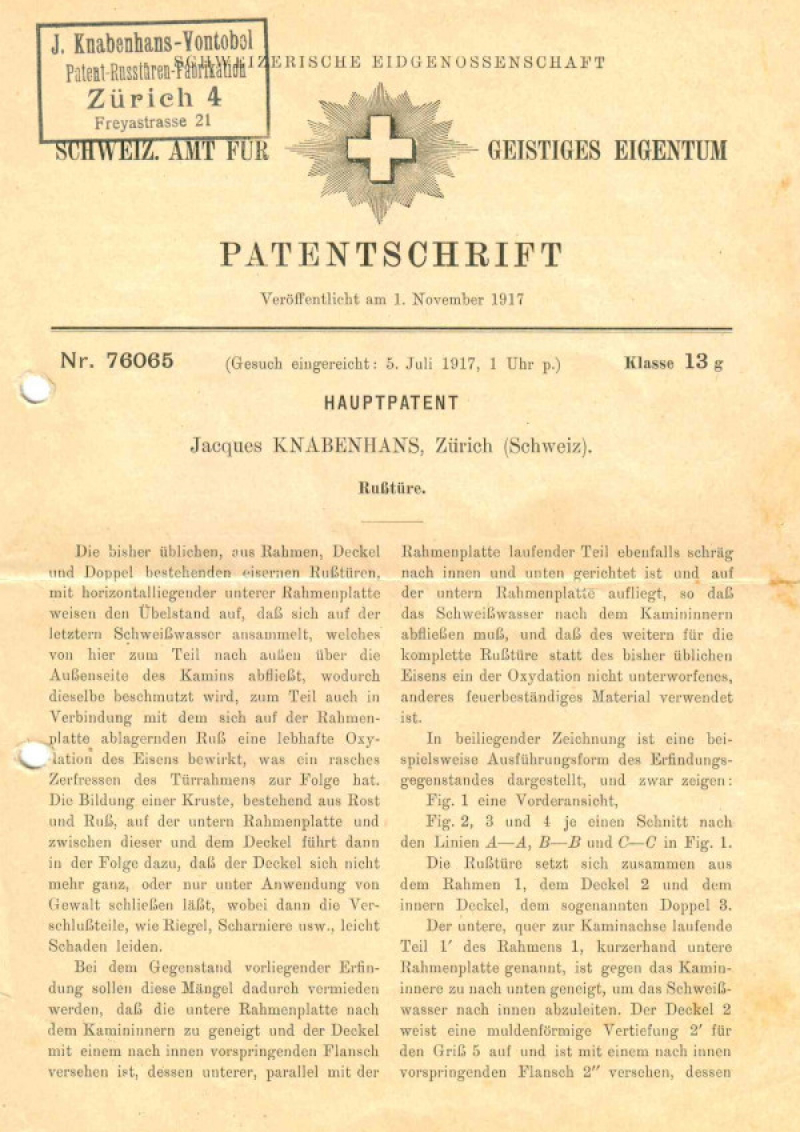 Historische Patentschrift der Gebr. Knabenhans
